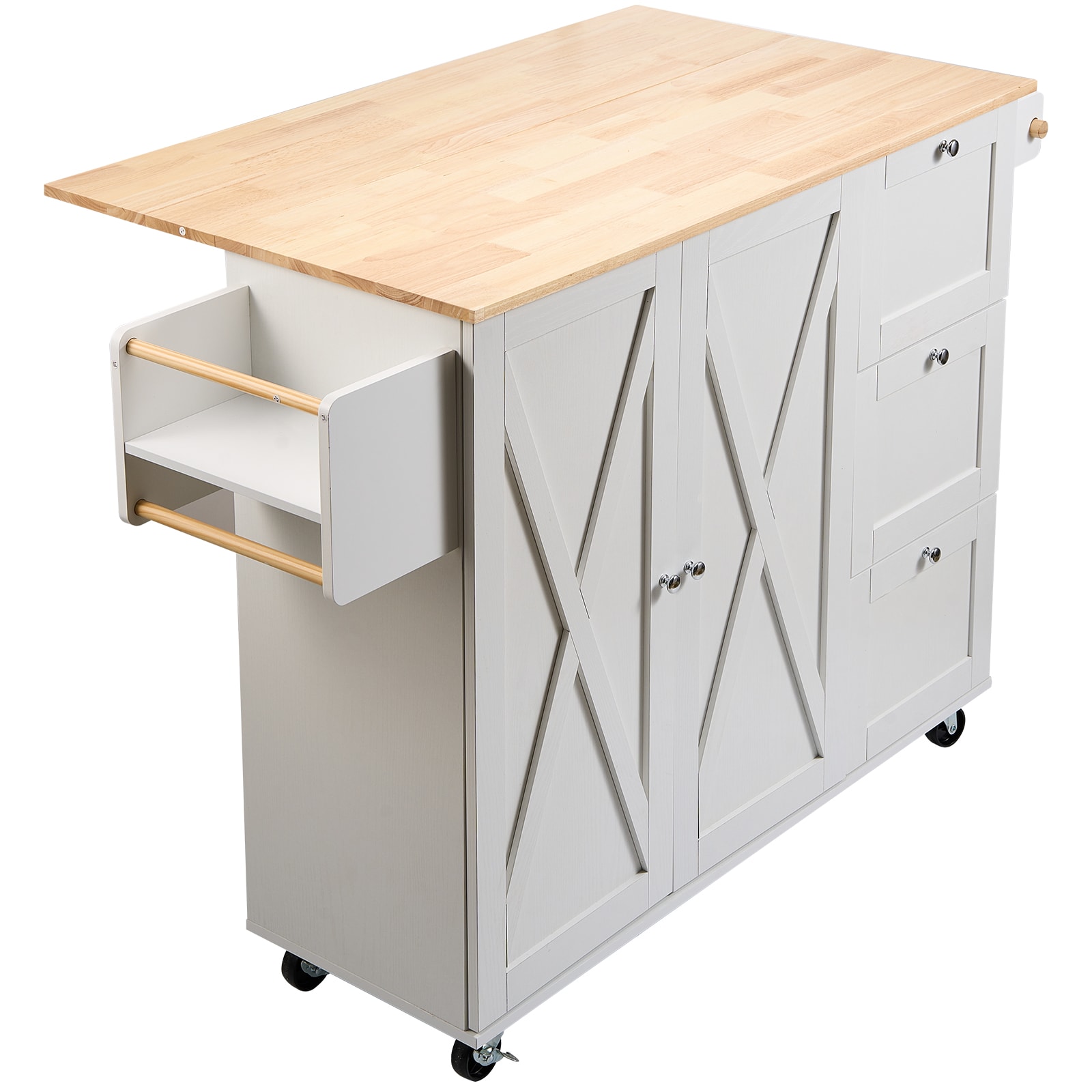 Kitchen Island With Solid Wood Top And Storage Cabinet On Wheels_voghion.com